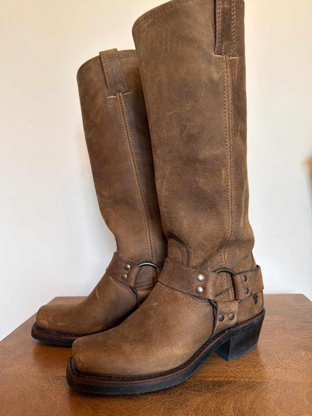 Frye Brown Leather Harness Heeled Boots